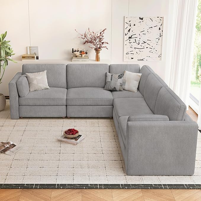 CUGOAO 117.7'' Modular Sectional Sofa, Oversized L-Shaped Sectional Couch, Deep Seat Chenille Cloud Couch, Removable Cover, Mordern Upholstered Couches for Living Room, Apartment, Office, Grey