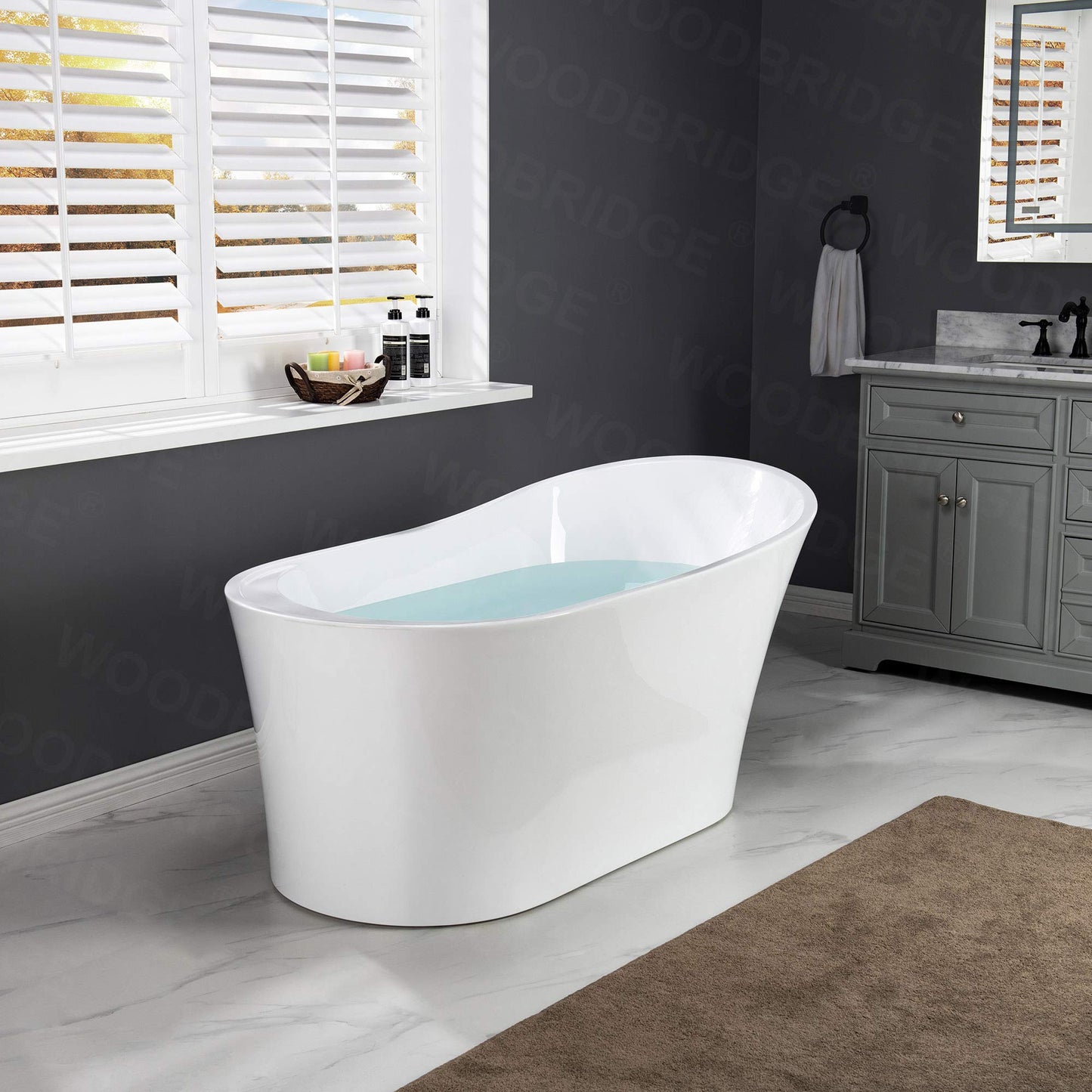 WOODBRIDGE 59" Acrylic Freestanding Bathtub Contemporary Soaking Tub with Matte Black Overflow and Drain B0083-MB-Drain &O,White