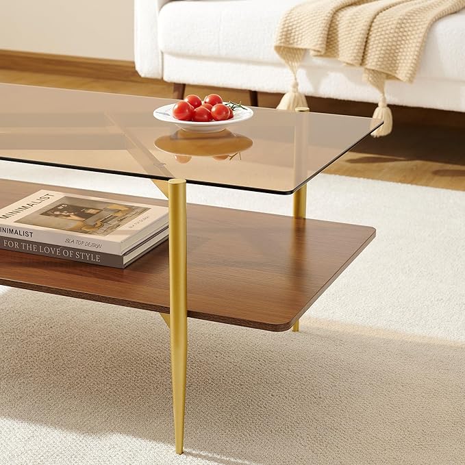 Pine Flicker Rectangle Coffee Table, Mid-Century Modern Design, L41*W21*H17 inch, for Living Room, Amber Glass Top and Walnut Finish Wood Shelf, Conical Metal Legs with Gold Finish