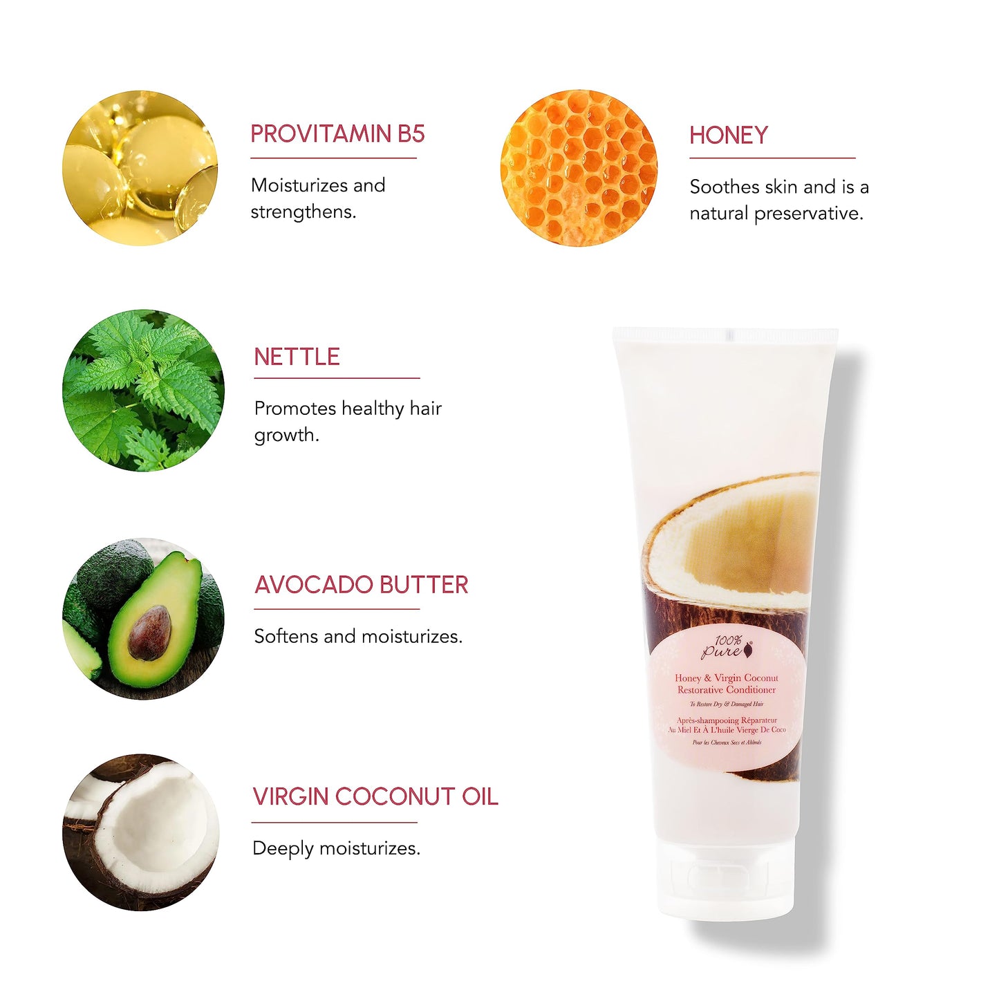 100% PURE Honey & Virgin Coconut Restorative Conditioner Moisturizer & Repair Replenishing Nutrient Boost for Dry Damaged Hair,