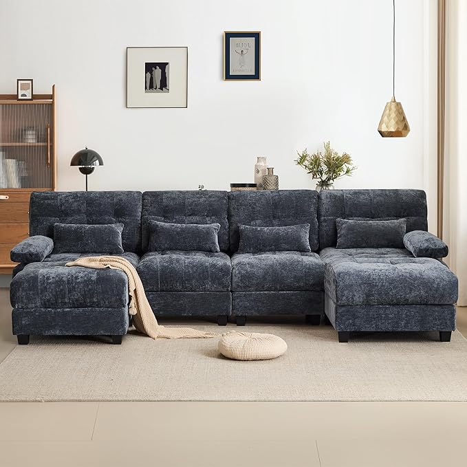 GRAINLLE 119'' Modular Sectional Cloud Couch with 2 Ottoman,Deep Seat Sleeper Sofa U Shaped Sectional Couch,Convertible Upholstered Comfy Chenille Sectional Sofa for Living Room,Bedroom(Blue)