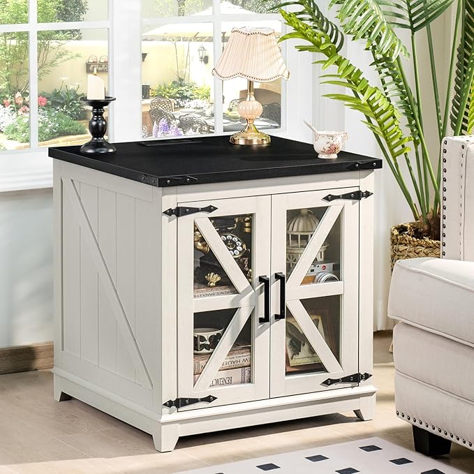 Joaxswe Farmhouse End Table with Charging Station, 24" Large Sofa Side Table with Glass Barn Door,White Nightstand with Adjustable Storage Shelf,Wood Square Bedside Table for Living Room,Bedroom