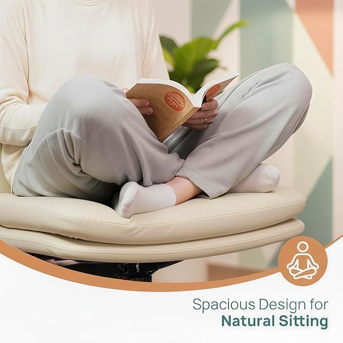 NYPOT Armless Desk Chair with Wheels for Criss Cross Sitting - Cross Legged Wide Armless Chair - Adjustable Vanity 360° Swivel Stool and 120° Rocking Wide Seat Comfy for Home and Office, Color Ivory