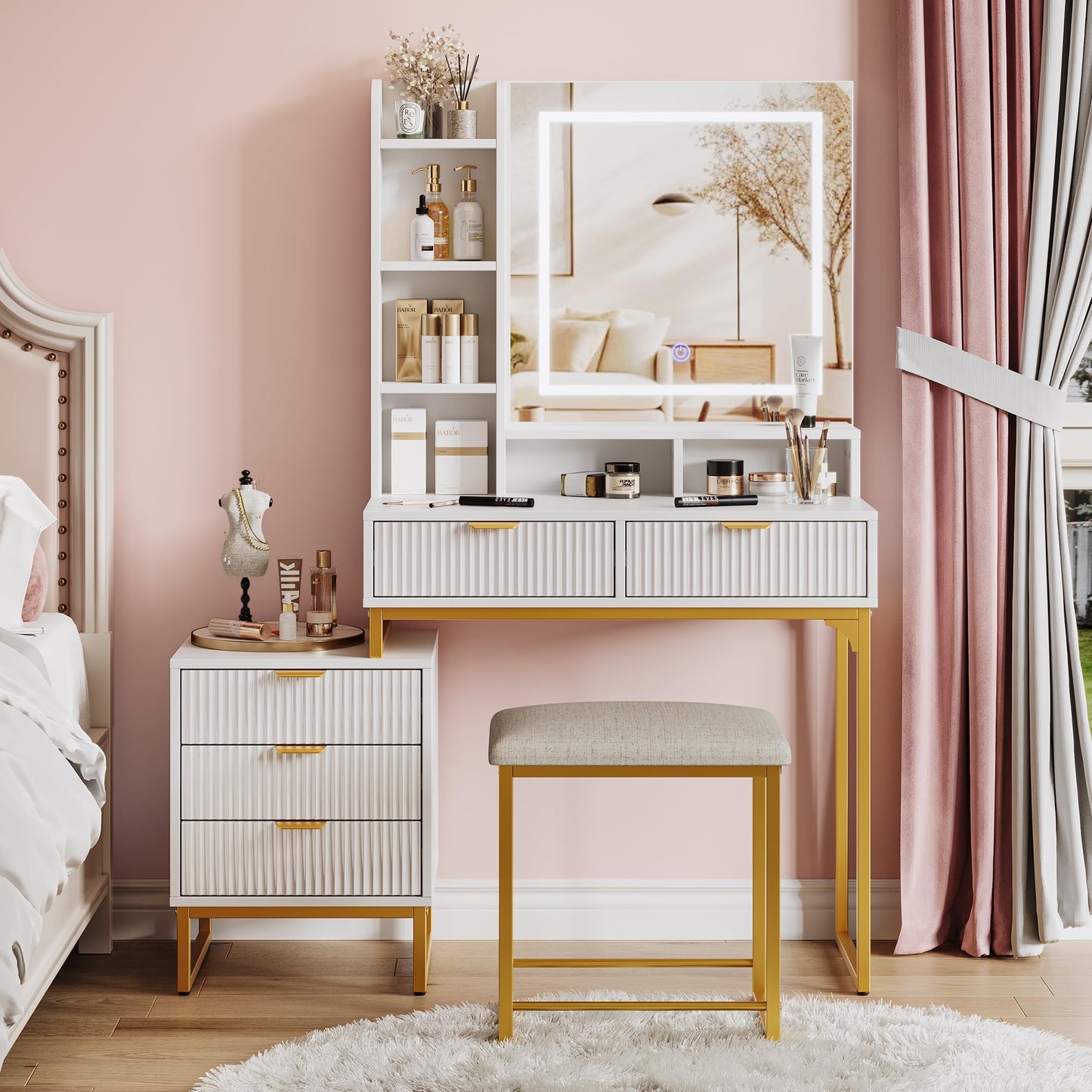 Garvee Makeup Vanity Desk with Mirror and Lights, Vanity Table with 5 Drawers, Vanity Set with Stool and Removable Side Storage Cabinet for Bedroom, White & Gold