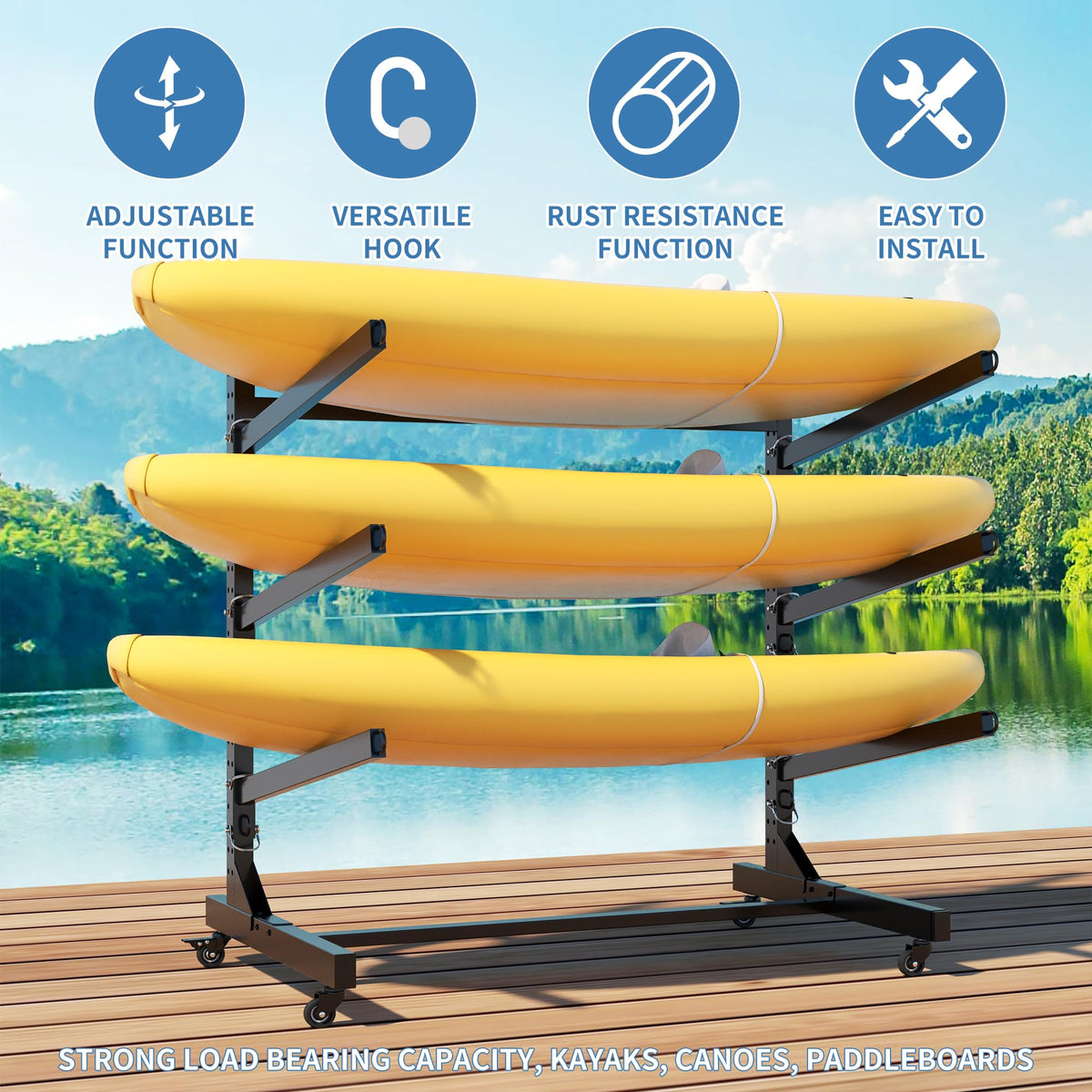Yukimo Kayak Rack, Heavy Duty Freestanding Kayak Storage Rack with Movable Wheels, Adjustable Rust-Proof Outdoor Kayak Rack for Holds Kayaks, Canoes, SUPs & Paddleboards. (3-Level)