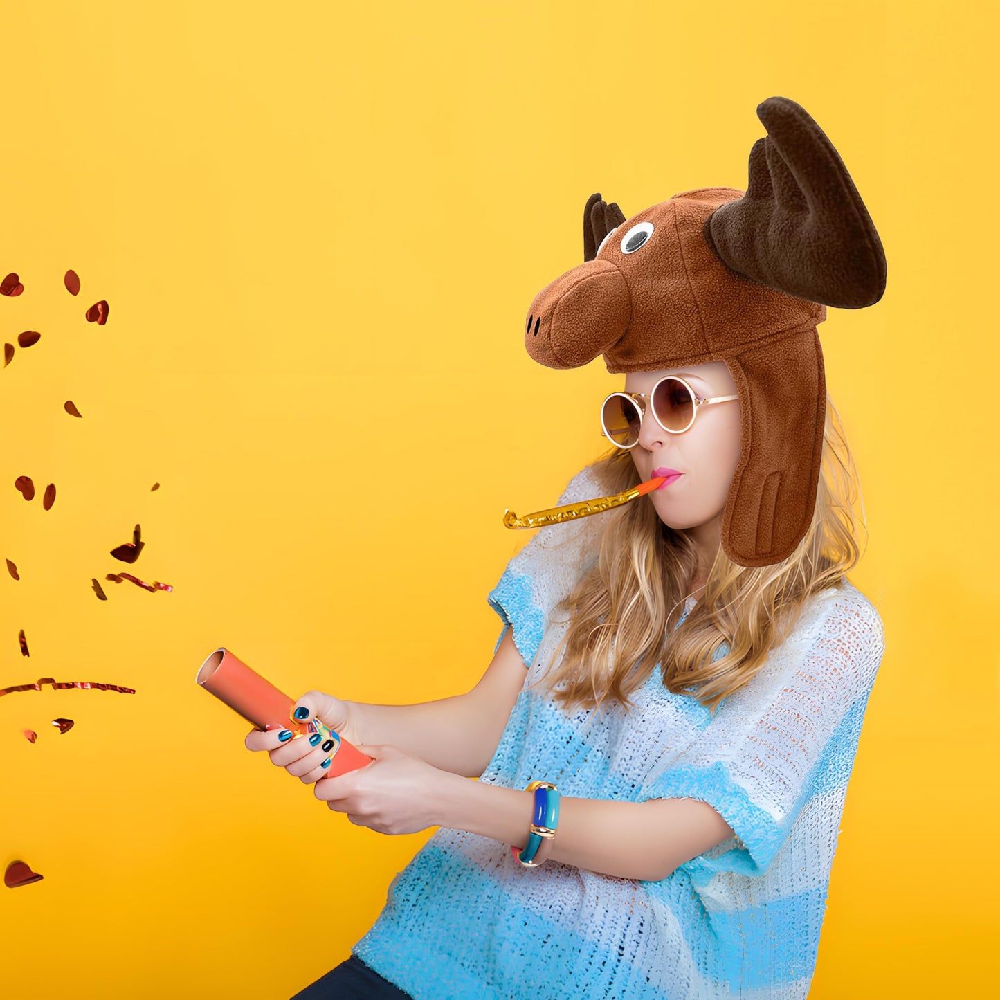 Nicky Bigs Novelties Funny Hats for Men & Adults Moose Hat with Stuffed Animal and Wacky Eyes, Moose Antlers Headband Hilarious Animal Hat for Cosplay, Halloween Costume, Party Accessory