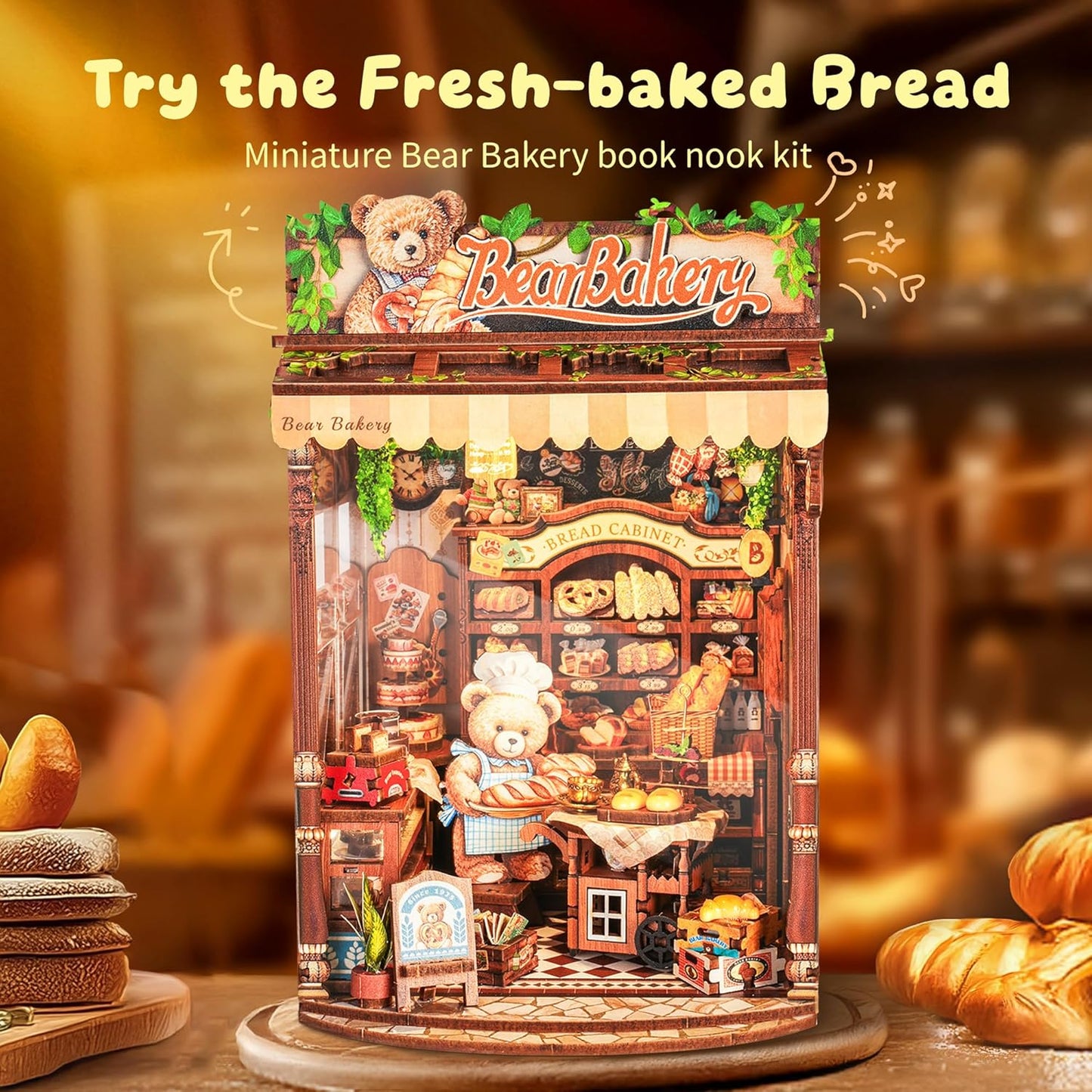 3D Wood Puzzle Bear Bakery LED Dollhouse Book Nook Kit - Miniature Bookshelf Insert DIY Home Decor Gift for Kids and Adults (Bear Bakery)