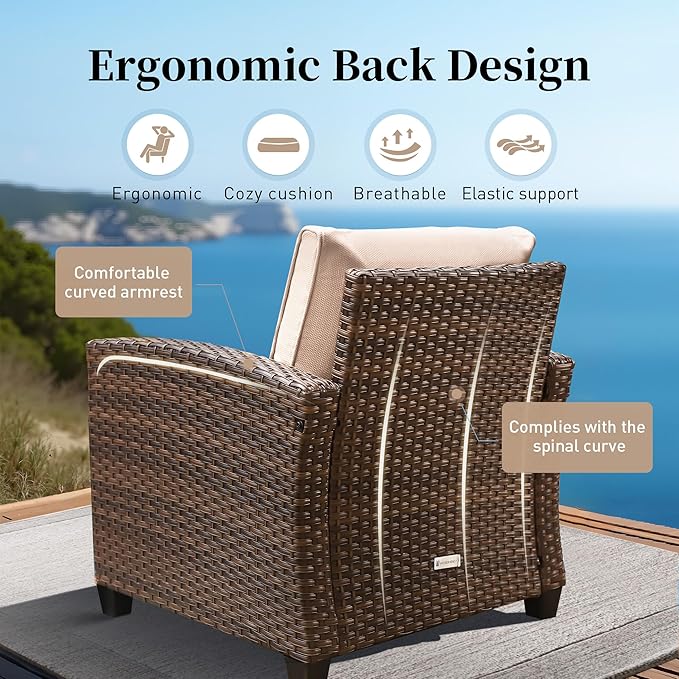 SUNSHINE VALLEY Swivel Glider Patio Furniture Set Outdoor Furniture Brown Wicker Rattan Patio Conversation Sets with Cushion Outside Sofa Set,7 Pieces with Rectangular Firepit Table,9 Seats,Beige