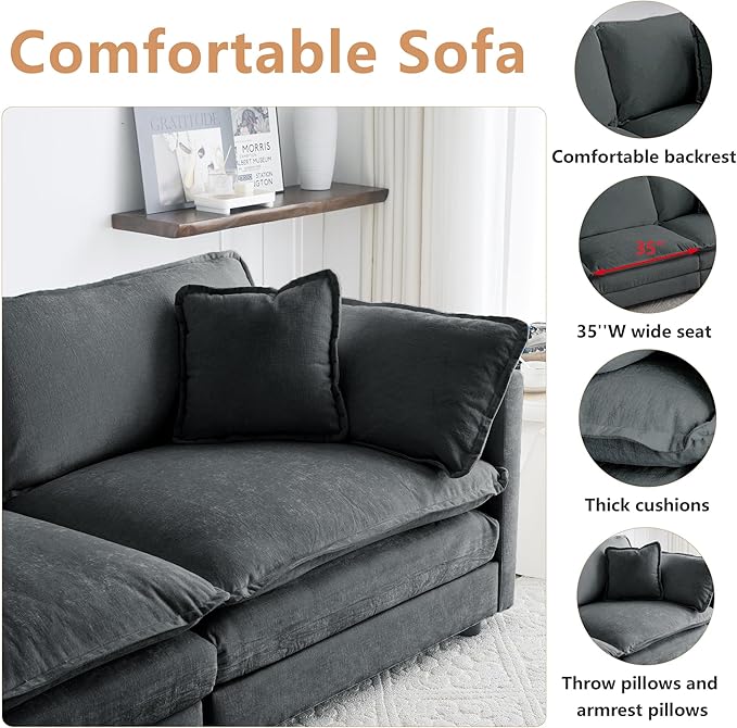 mikibama Luxury Modular Sectional Sofa, 111.5" Modern Chenille Comfy Cloud Couches for Living Room Office, 3 Seater Deep Sofa with 2 Armrest Pillows and 3 Toss Pillows, Grey