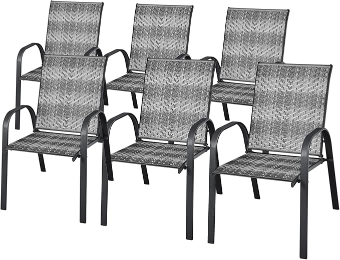 HAPPYGRILL Stackable Dining Chairs Set of 6, Outdoor PE Wicker Patio Arm Chairs with Rustproof Steel Frame, Stackable Bistro Deck Chairs for Backyard Garden and Poolside