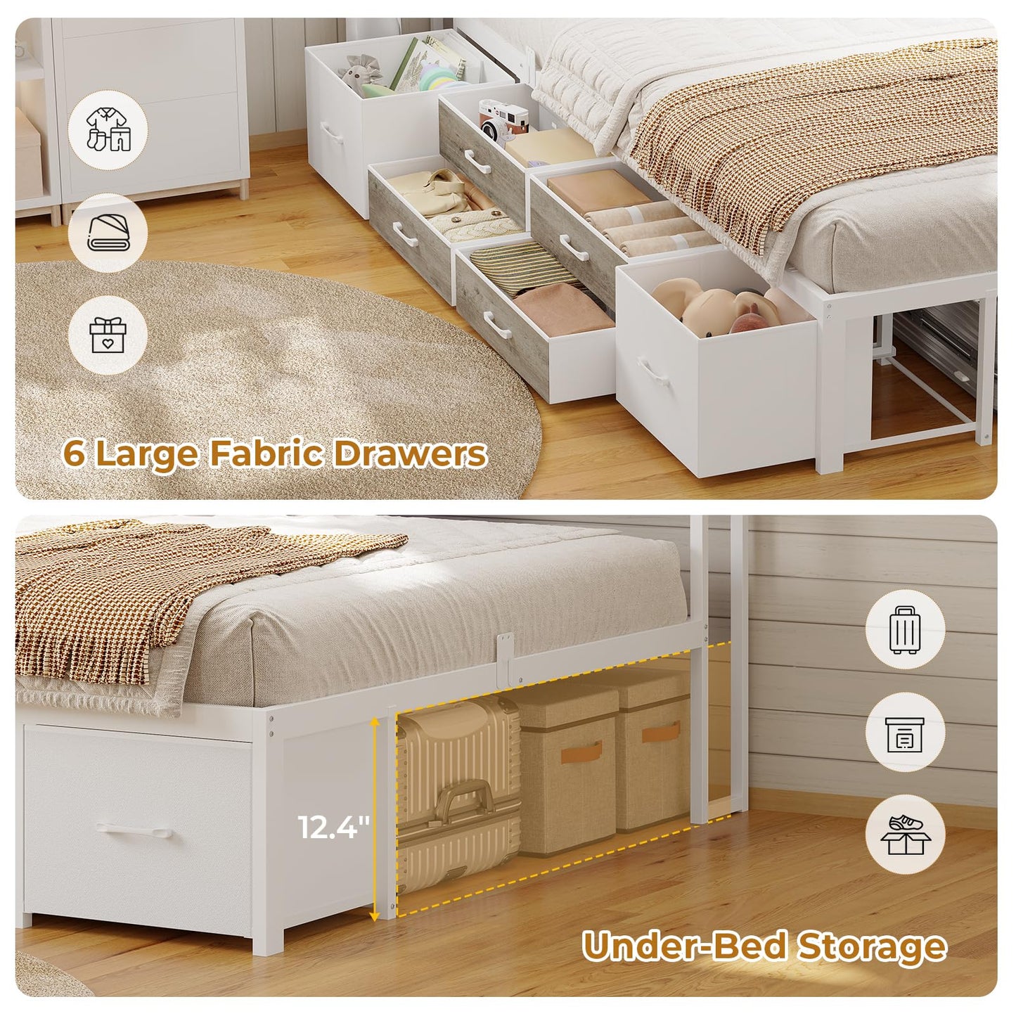 MSmask 14 Inch Corner Bed Frame with Bookcase Storage, Twin Daybed with 6 Drawers, Charging Station and LED Light, Twin Size Metal Platform Bed Frame for Kids Teenagers, White & Oak Grey