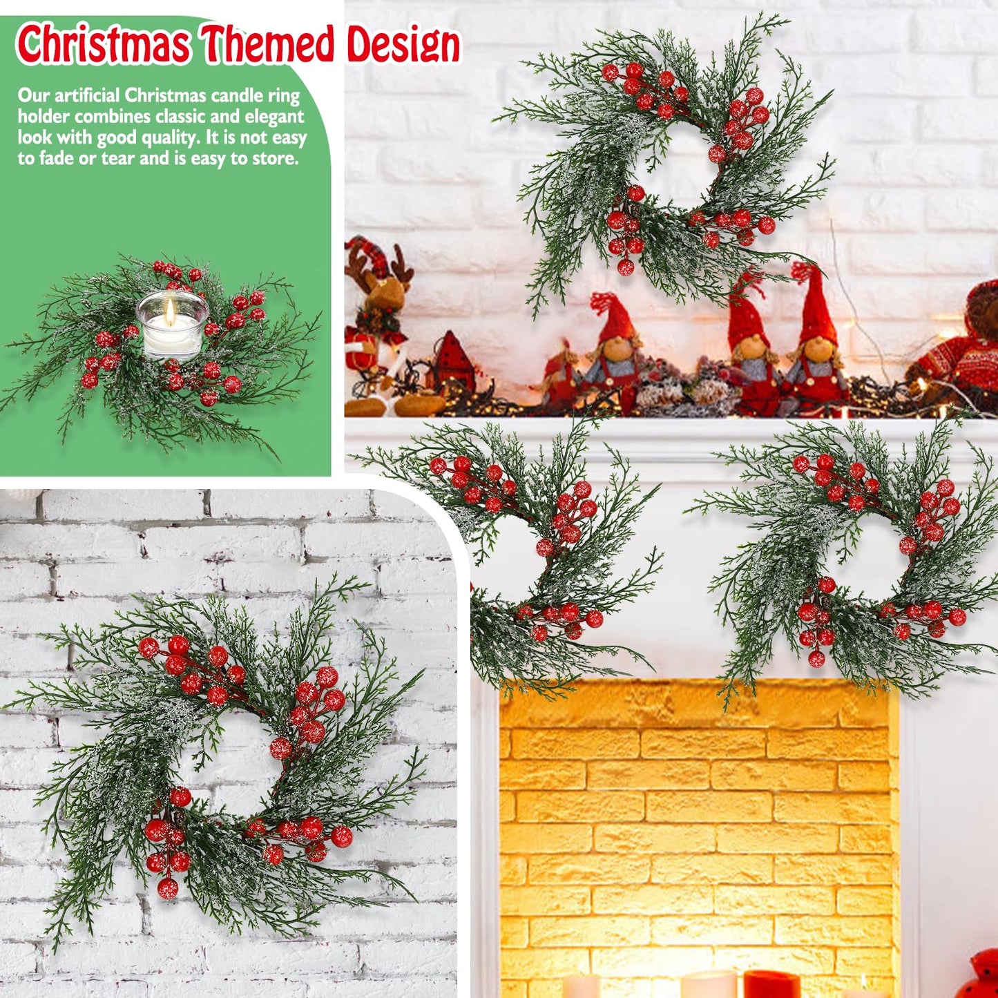 Serlvan 6 Pcs Christmas Candle Rings Wreath Artificial Candle Rings with Red Berry, Snowy Pine Garland Candle Ring Holder for Christmas Decorations Table Centerpiece