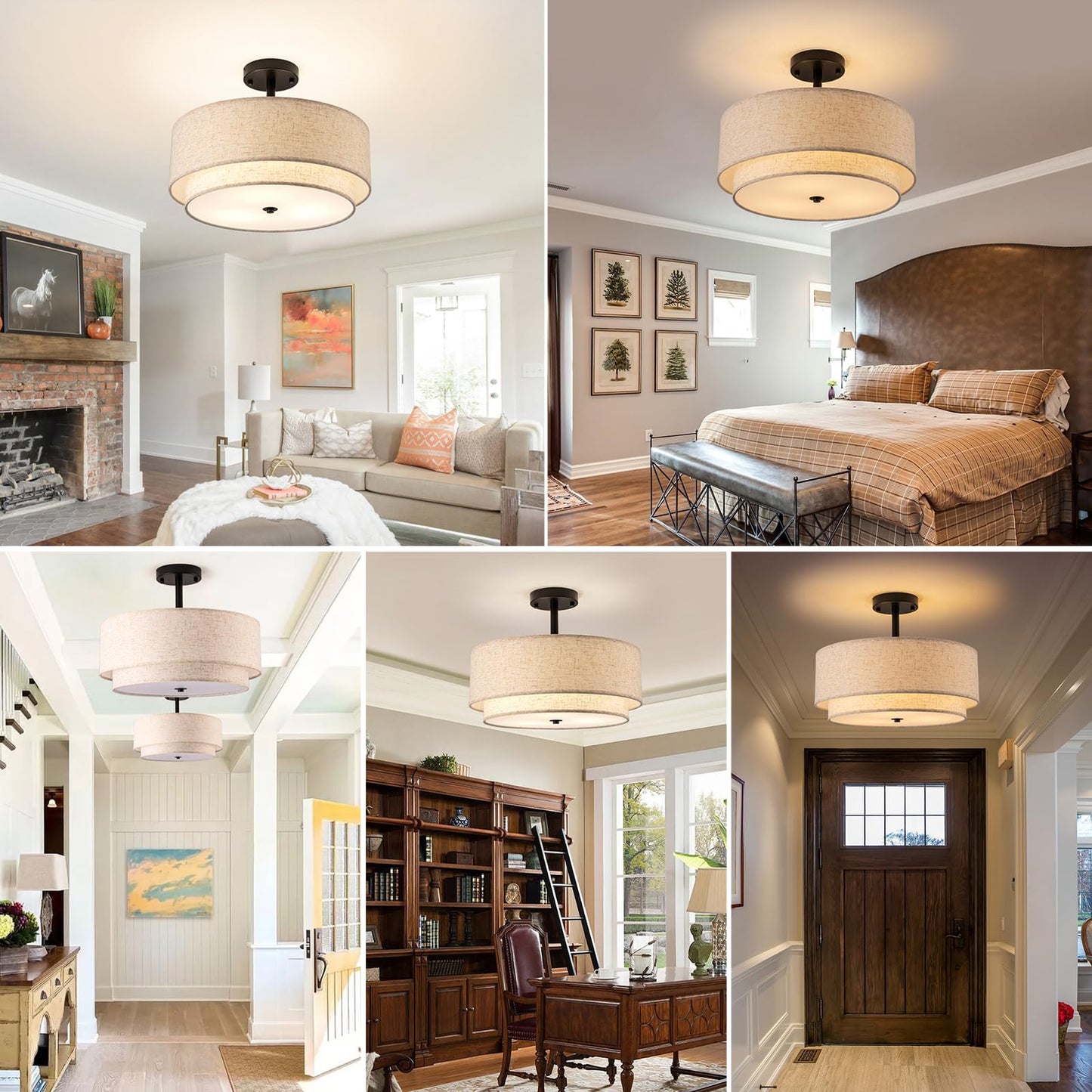 Aufrichting Drum Semi Flush Mount Ceiling Light, 16 inch 3 Lights Ceiling Light Fixture with 2-Layer Fabric Shade, Black Farmhouse Drum Ceiling Lighting for Bedroom Hallyway Dining Room Kitchen