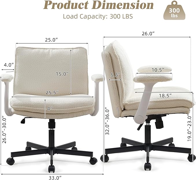 Kassipo Criss Cross Legged Office Chair with Wheels and Flip-Up Arms, Upholstered Criss Cross Desk Chair, Wide Seat Chairs for Home Office, Vanity, Apartment, Beige