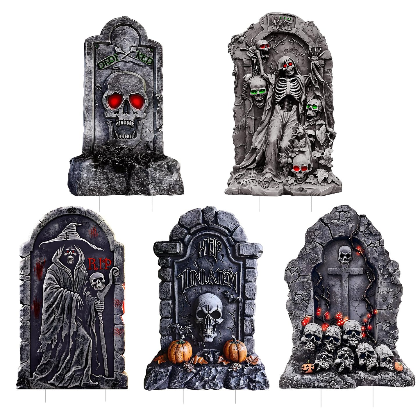 BEAUTLOHAS. 25 Inch Halloween Graveyard Tombstones Plastic Board, 5 PCS Halloween Headstones Decorations RIP for Yard Sign Lawn Garden Outdoor Decor