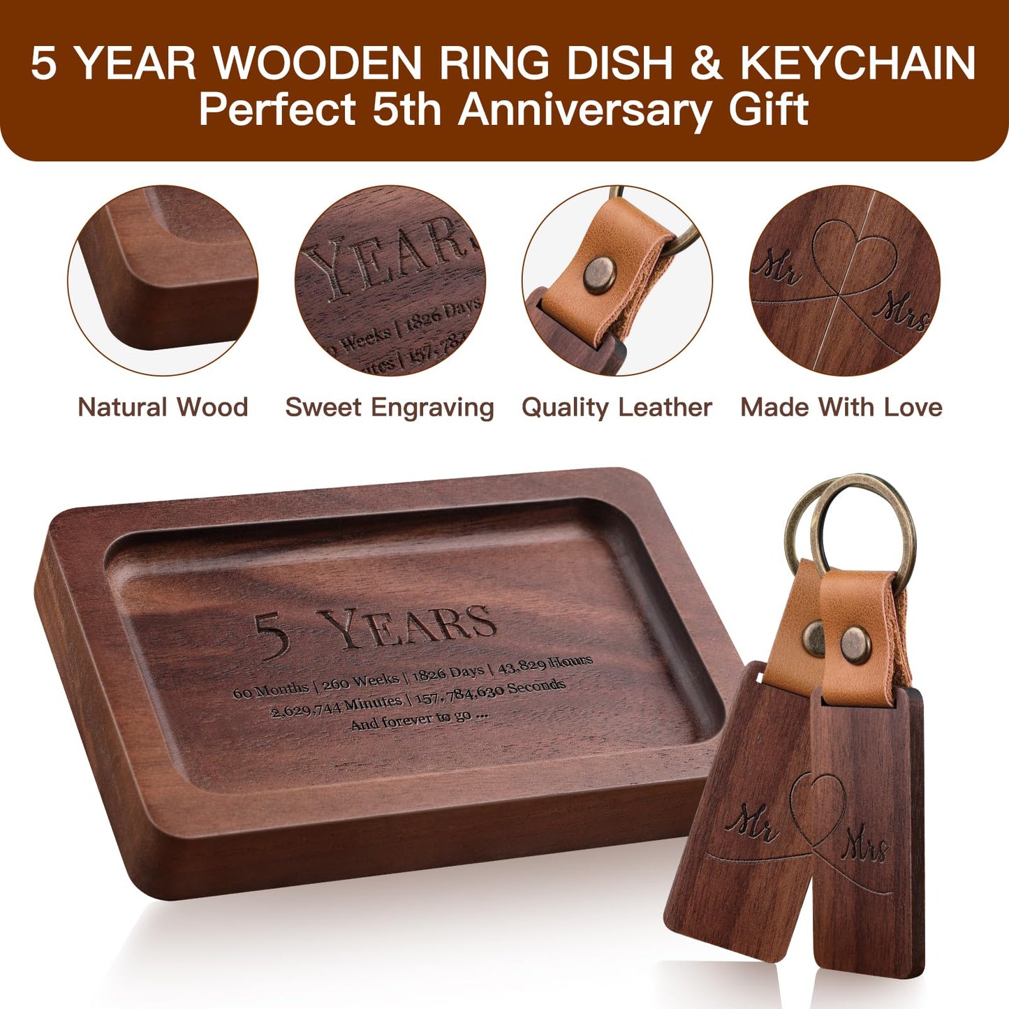 MISTOD Wood Ring Dish & Keychain- Engraved Rectangle Ring Tray Small Jewelry Dish, 5th Marriage Anniv Gifts Set | 5 Year Wedding Anniv Valentine's Day Gifts Ideas
