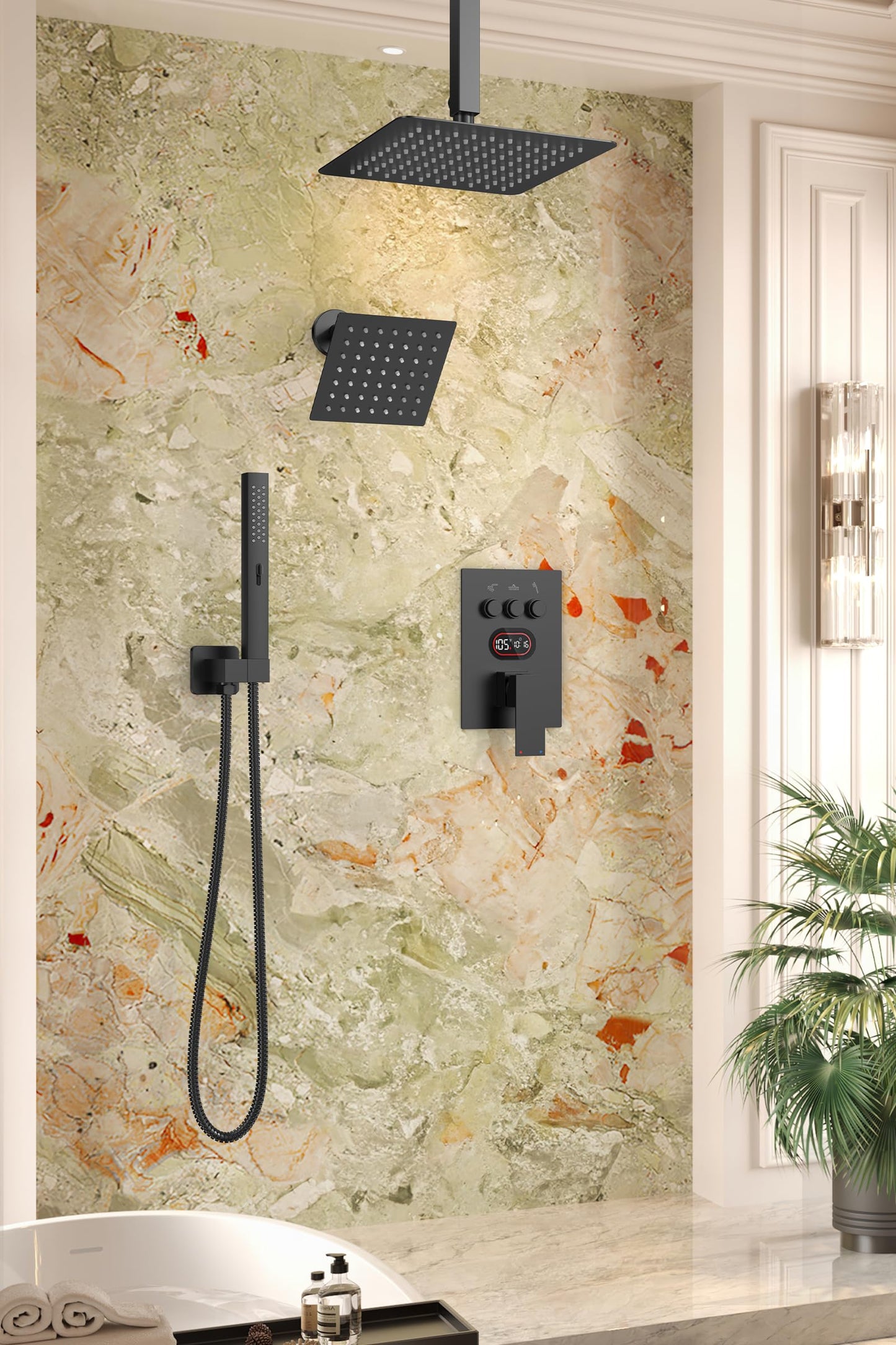 Push Button Diverter Shower Faucet Set Hydro Power Temperature Display, Shower System Ceiling Mounted 10" & Wall Mounted 6" Shower Head with 3-Spary Handheld, Matte Black