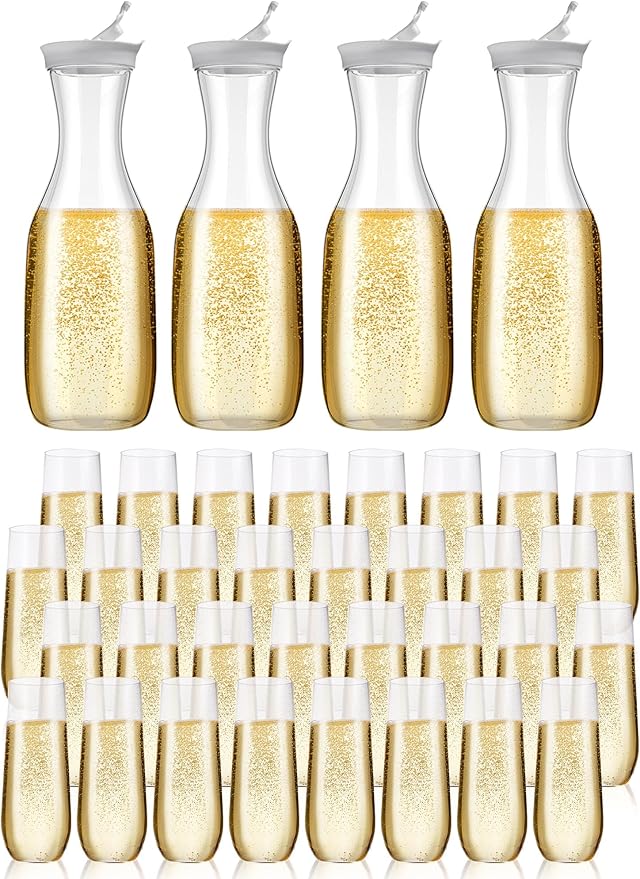 Patelai 36 Pack Mimosa Bar Supplies Kit 4 Pcs Champagne Flutes 50 oz Carafe with Lid and 32 Pcs 9 oz Plastic Stemless Cham...