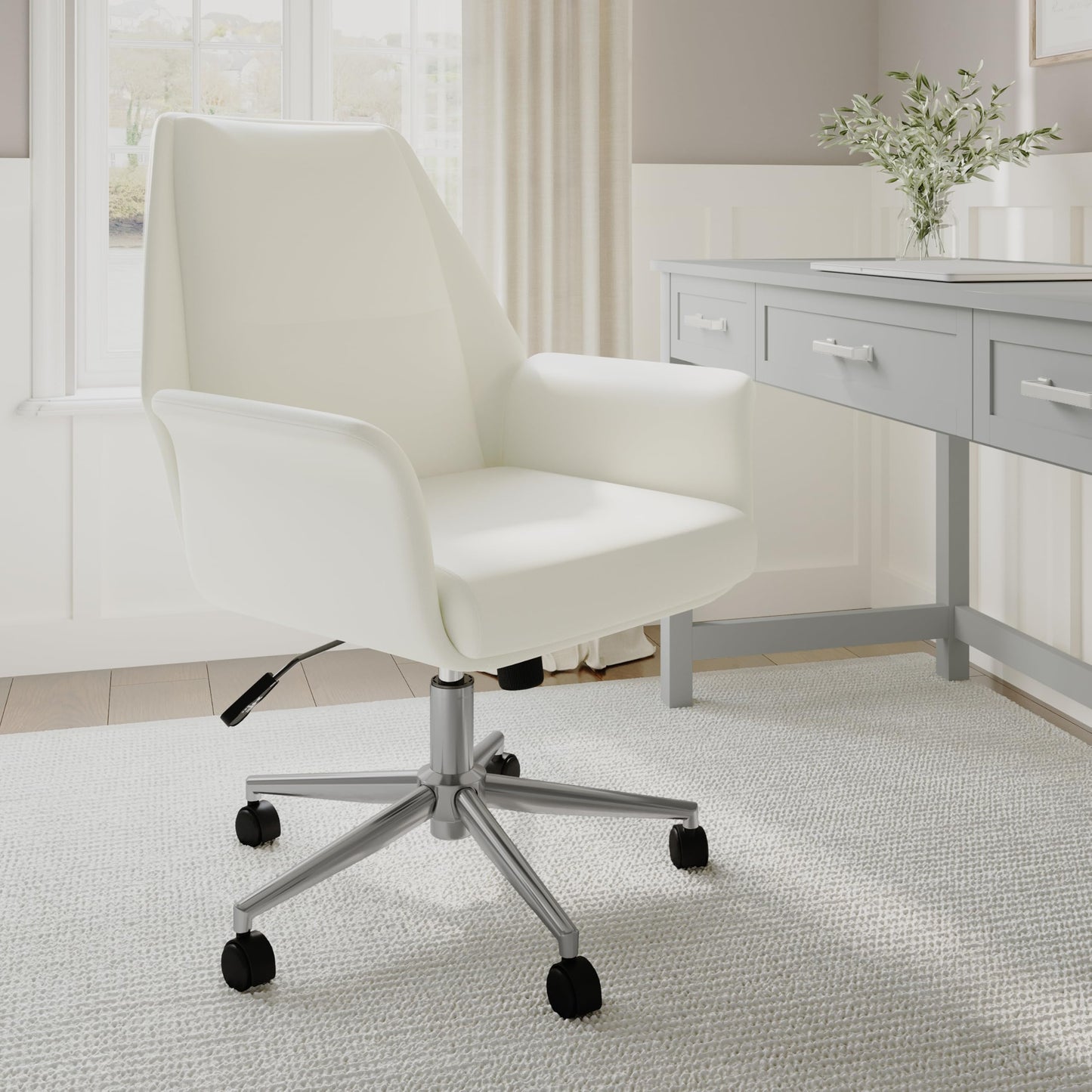 Martha Stewart Maxine Swivel Task Chair with Flared Armrests for Home Office in White Faux Leather with Polished Nickel Frame