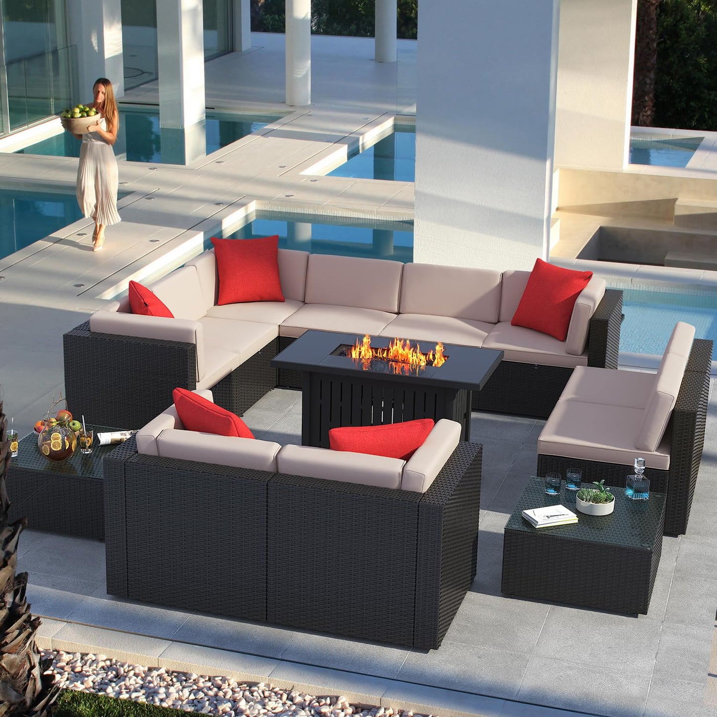 Greesum Patio Furniture 13-Pieces Outdoor PE Rattan Sectional Sofa w/43in Gas Fire Pit Table Sets 55000 BTU Add Warmth to Gatherings Parties On Deck Garden Backyard,Beige
