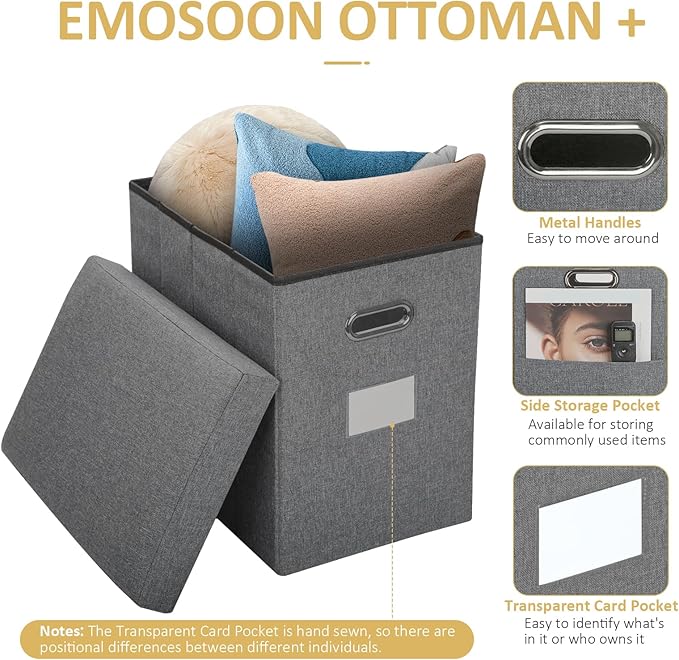 Emosoon Tall Ottoman with Storage Collapsible Fabric Small Slim Folding Ottoman Furniture with Handles Lid for Room Footrest Foot Stool Linen Grey 16.5x16.5x11.8in