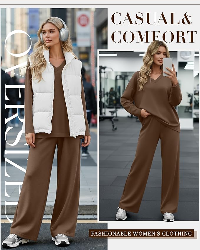 JoyMotion 2 Piece Women's Sweatsuit, V Neck Oversized Tracksuit Wide Leg Pant Fall Lounge Set Long Sleeve Sweatshirts Outfit