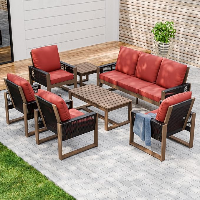 INTER HUT Rustic Hideaway Natural Cedar Wood Outdoor Furniture Set, Wicker Patio Conversation Set for Porch Garden Backyard, Couch, 4 Patio Chairs, Tables, 7 Piece, Brownish/Red