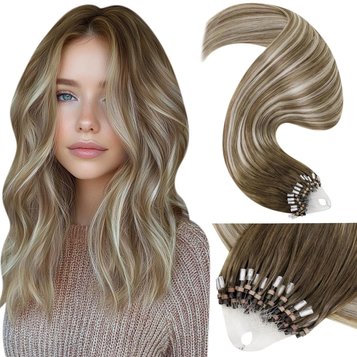 LaaVoo Micro Loop Hair Extensions Real Human Hair Balayage Light Brown Ombre Blonde 24 Inch Microlink Hair Extensions Human Hair