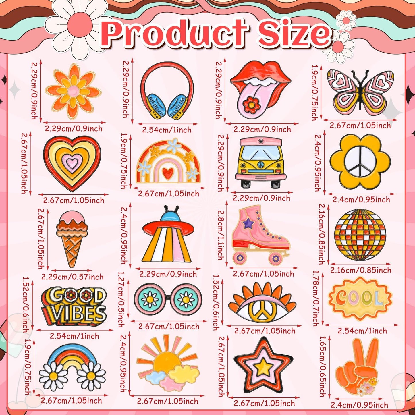 DTOFOOT 36PCS Hippie Enamel Pins Bulk Preppy Lapel Badges for Women Girls DIY Brooch Pins for Hippie Costume Party Favors Access