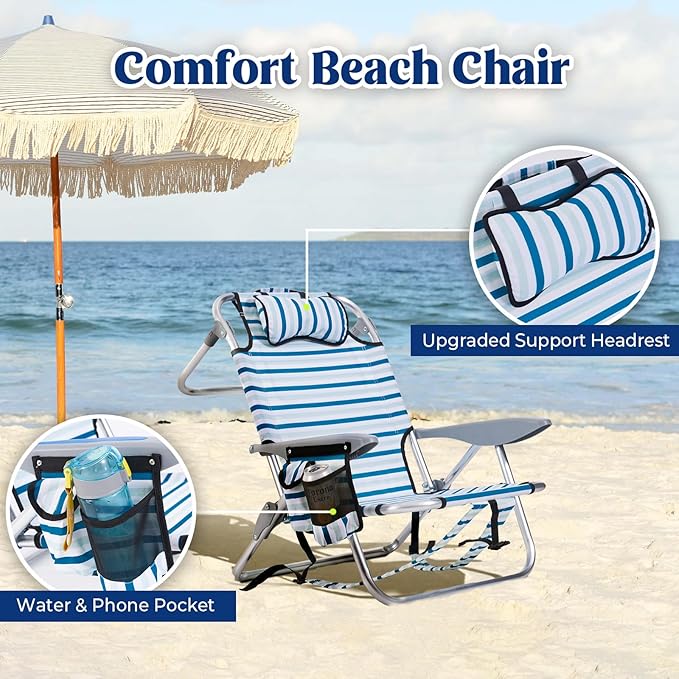 Canpsky Portable Beach Chair for Adults, Outdoor Camping Chair Lay Flat Folding Backpack Beach Reclining Chair with 5 Positions, Headrest, Cup Holder, Heavy White Striped