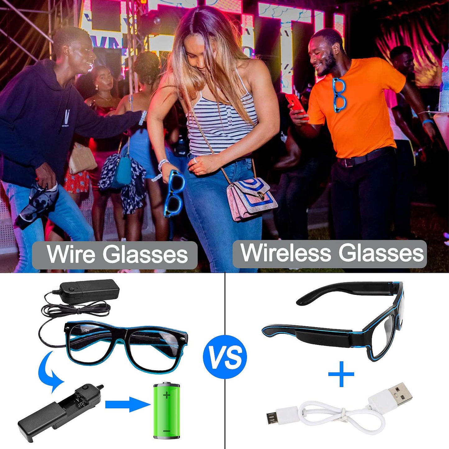 YouRfocus Wireless Led Light up Glasses Glow in the Dark for Rave Party, EDM (Blue)