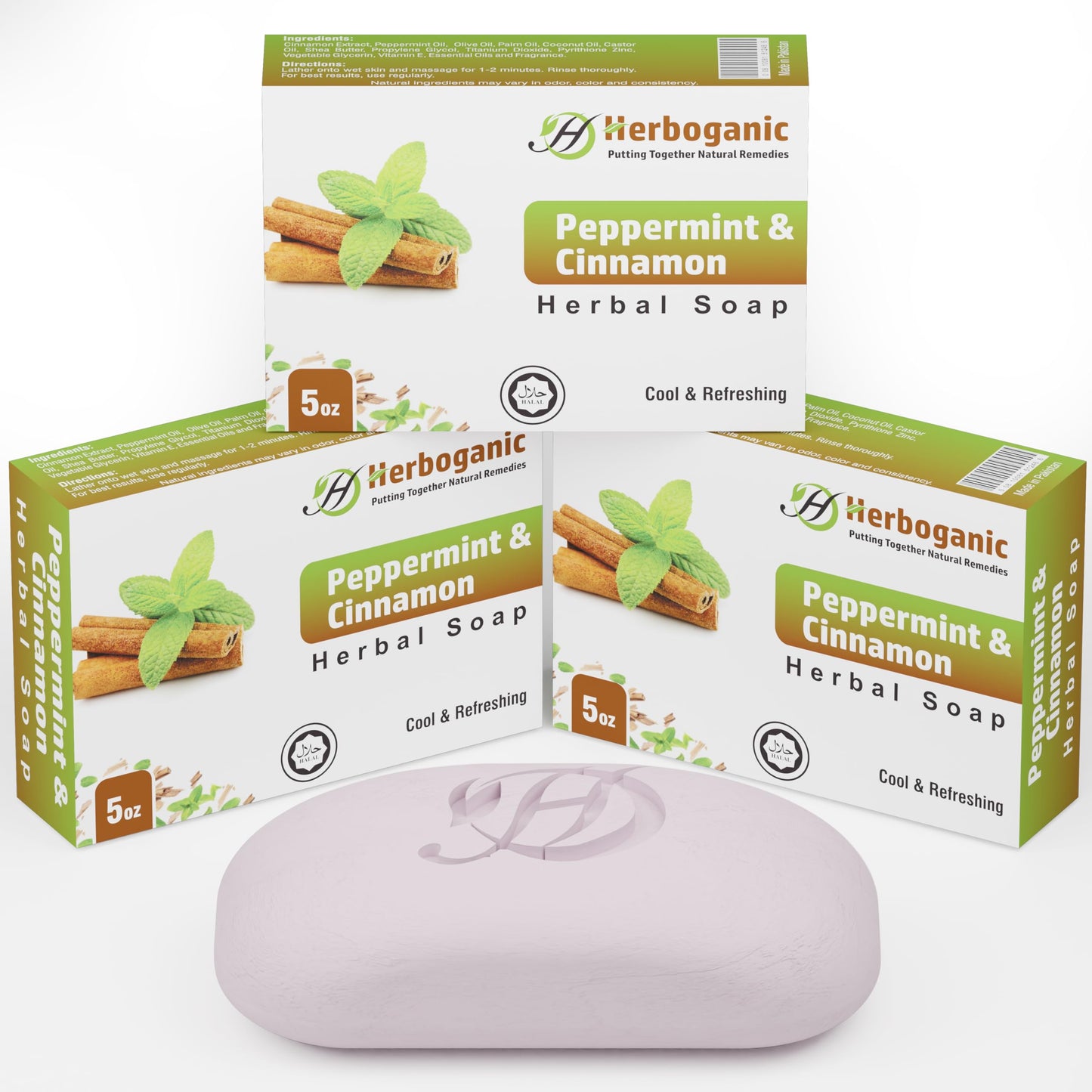 HERBOGANIC Peppermint and Cinnamon Herbal Soap | Pack of 3 of 5oz soap Bar | Natural Bar Soap for Face and Body | Hydrating and