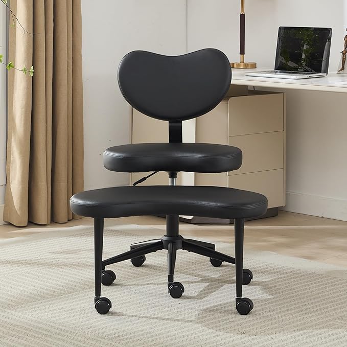 Cross Legged Office Chair with Wheels–360°Swivel Meditation Chair, Adjustable Height Yoga Office Chair for Adults, Ergonomic Kneeling Chair with Back Support for ADHD, PU Leather, Black