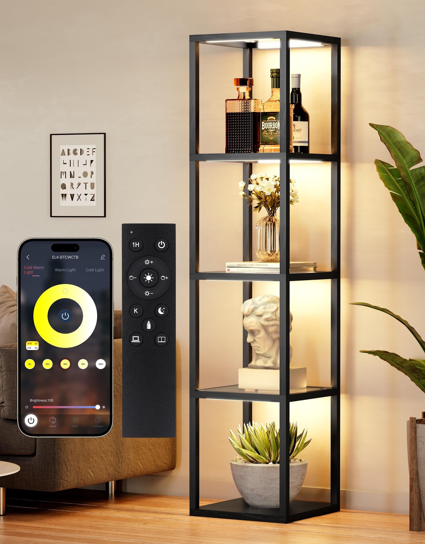 PARTPHONER Large Glass Display Shelf with Remote/APP Control, Dimmable LED Floor Lamp with Shelves, Open Display Cabinet, Color Temperature Control (2700K-6000K), Black