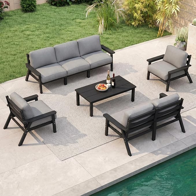 Patio Kingdom 7 Piece Patio Furniture Set, HDPE Outdoor Sectional with Gray Washable Thick Cushions, Coffee Table & Side Table, Patio Conversation Sets for Lawn, Garden, Porch, Balcony (Black Frame)