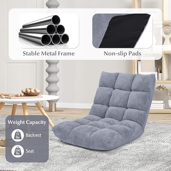 ARLIME Adjustable Floor Chair, 14-Position Lazy Sofa Chair with Back Support & Thick Padding, Portable Foldable Floor Couch for Adults, Kids, Use in Bedroom, Living Room, Home Theater (Grey)