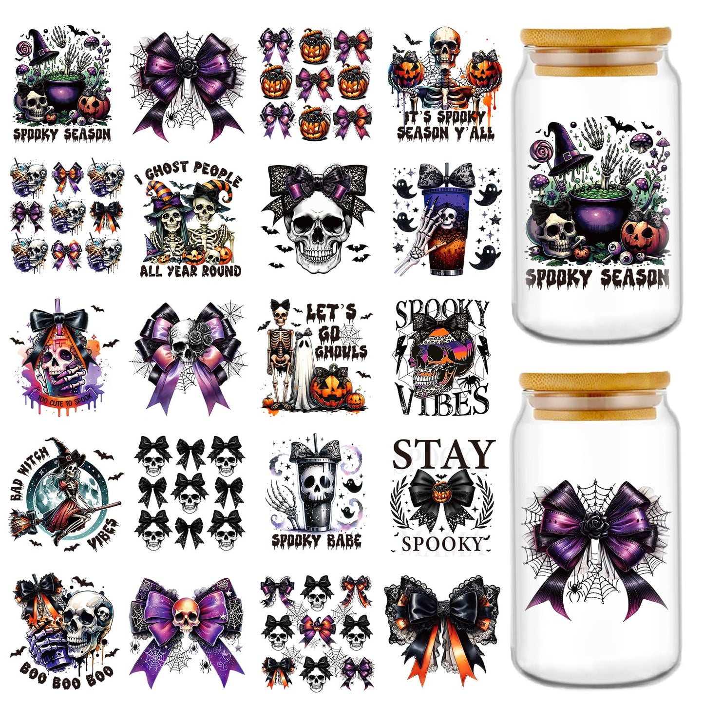 Rngmsi Halloween Uvdtf Cup Wraps - 20 Sheets Spooky Bow UV DTF Cup Wraps for 16 oz Glass, Pumpkin Ghost Bat Skeleton Cobweb Witch Rub on Transfer Sticker, UV DTF Decals for Water Bottle Mug DIY Crafts