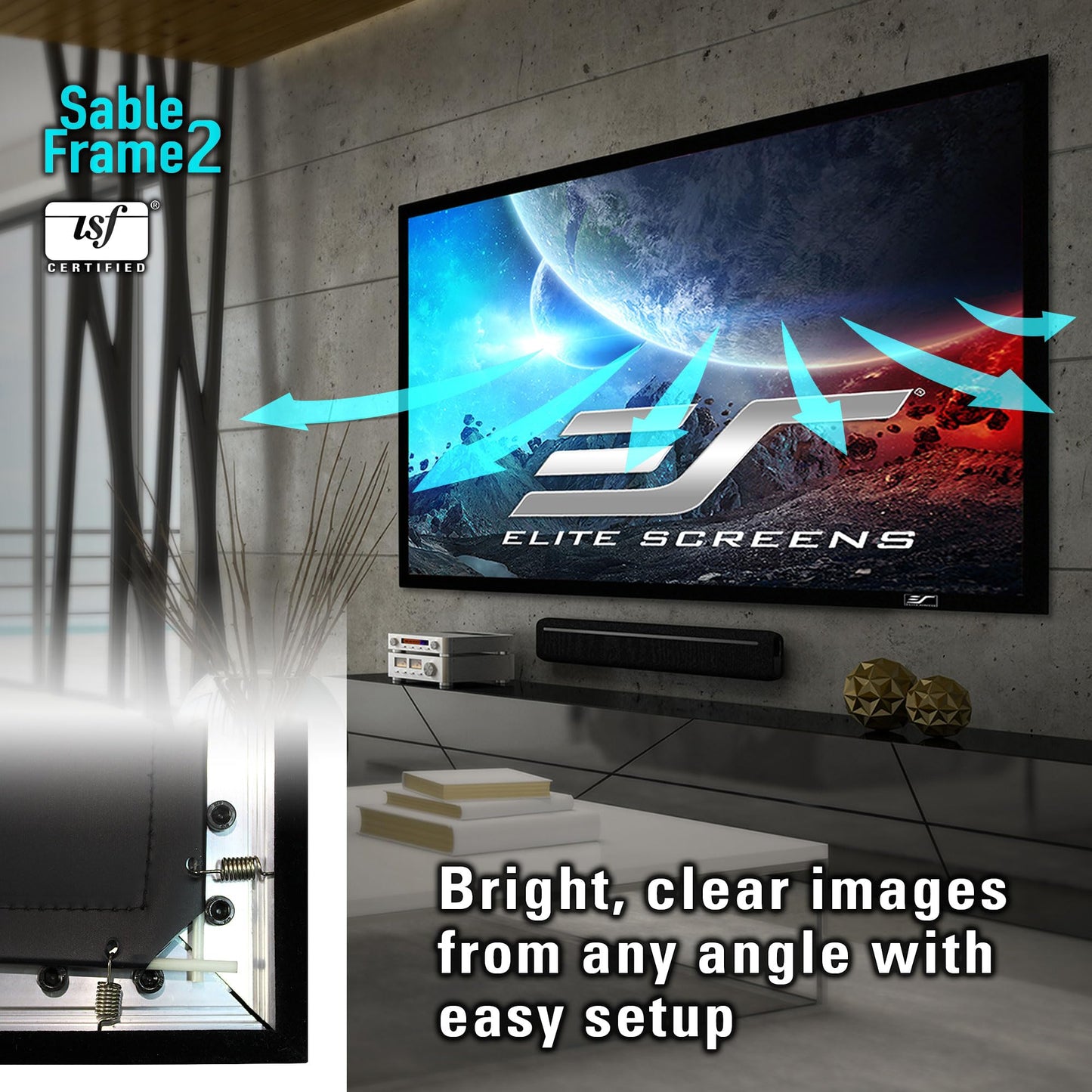 Elite Screens 200 inch Projector Screen 16:9, Wall Mounted Fixed Frame , 8K/4K UHD & Active 3D Ready, ISF-Certified Material for Home Theater, Office & Indoor Presentations, Sable Frame 2, ER200WH2