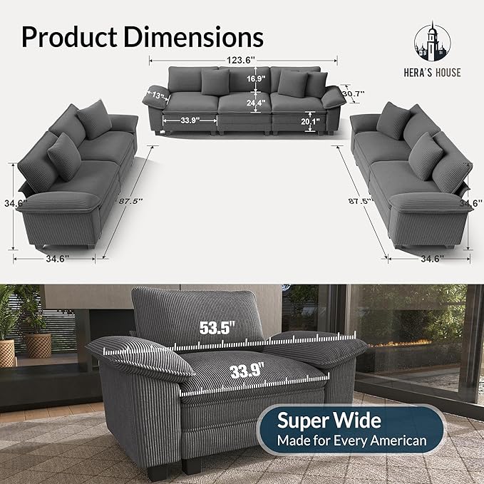 HERA'S HOUSE 3 Pieces Modular Sectional Sofa Sets, Oversized Couch Set with Loveseats, Comfy Cloud Couches with Throw Pillows, 7-Seater Deep Seat Sofa for Living Room, Corduroy Grey