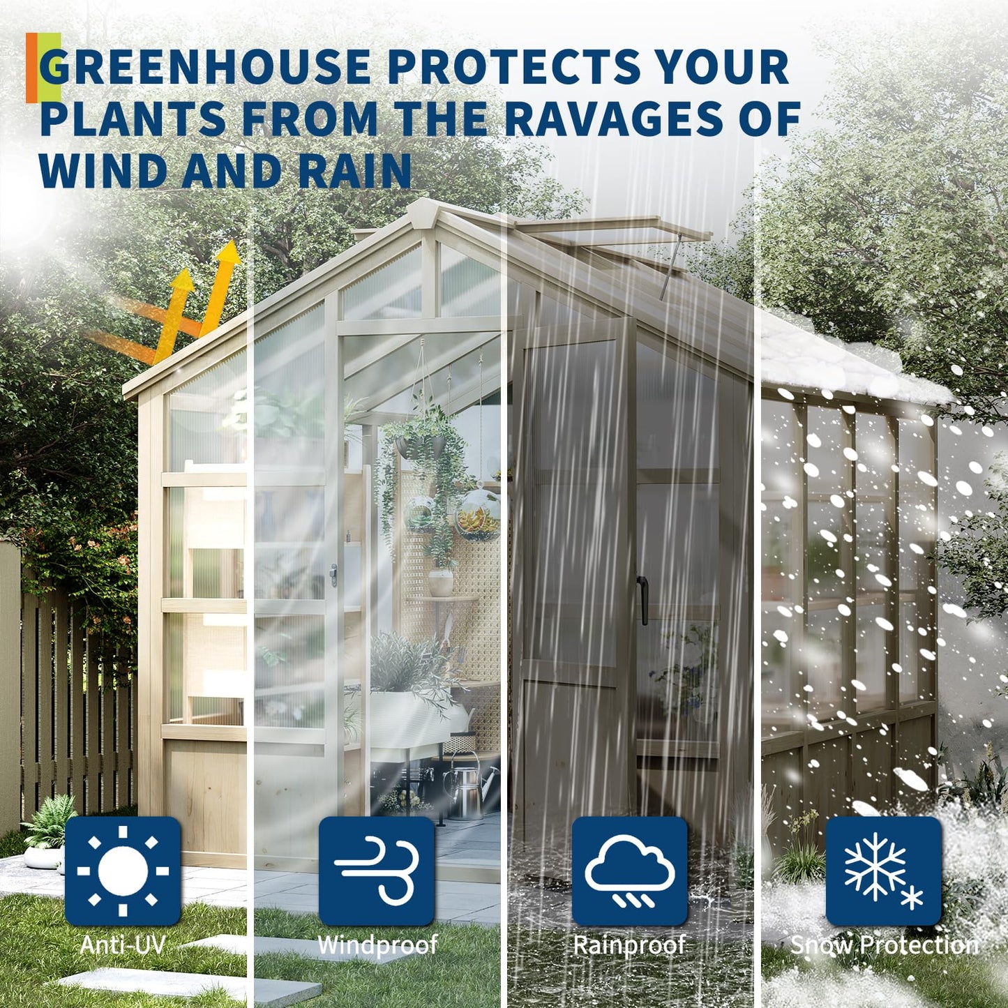 8x8FT Greenhouses for Outdoors, Wooden Greenhouse with Lockable Door, Wood Frame & Adjustable Vent, Polycarbonate Panel Heavy Duty Greenhouse for Outside, Garden, Yard, Light Brown