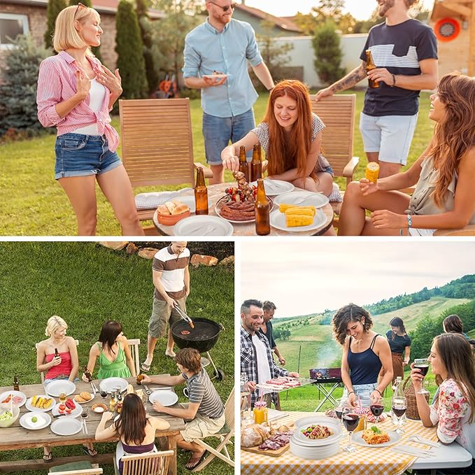 Fuyit 250Pcs Compostable Paper Plates with Cutlery Set, Disposable Biodegradable LONG Utensil Eco-Friendly Dinnerware Includes Plates, Fork, Knife & Spoon for Party, Camping, Picnic (White)