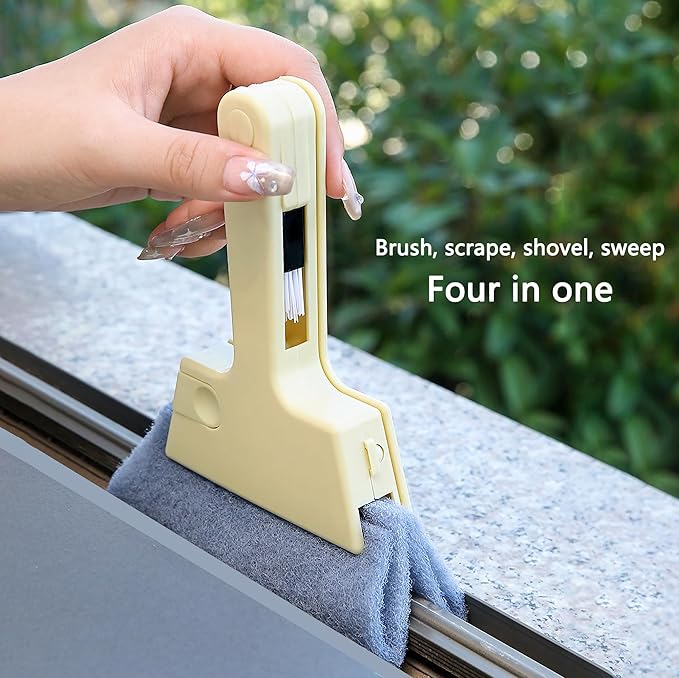 Window Track Cleaner Tool, 3Pcs 4-in-1 Groove Cleaning Brush (with Bristle Brush, Gap Dustpan, Scraper) + 4pcs Replacement Cloth, Washable Cleaning Gadgets for Sliding Door, Sill, Car Vents