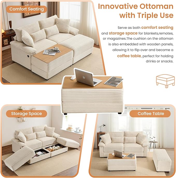 SUNWAVE 74" W Double Chaise Lounge Chair Indoor, Oversized Loveseat with Storage Ottoman, Corduroy Couch with USB Charging, Removable Ottoman, and Coffee Table Cushions for Living Room Bedroom