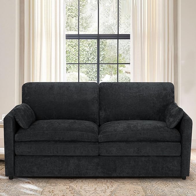 ACMEASE 69” Chenille Love seat Sofa w/Arm Pillows, Upholstered 2 Seater Sofa w/Comfortable Back Cushions, Modern 2 Seats Couch w/High-Density Foam for Living Room, Apartment, Office, Black