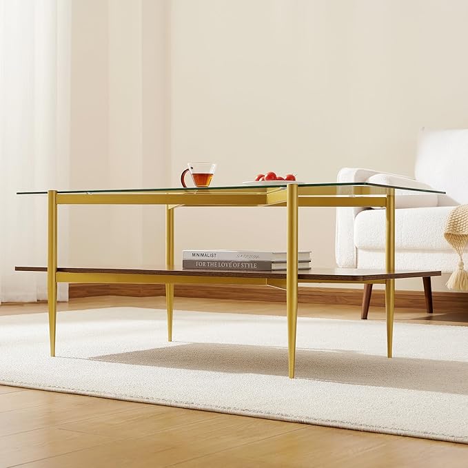 Pine Flicker Rectangle Coffee Table, Mid-Century Modern Design, L41*W21*H17 inch, for Living Room, Clear Glass Top and Walnut Finish Wood Shelf, Conical Metal Legs with Gold Finish