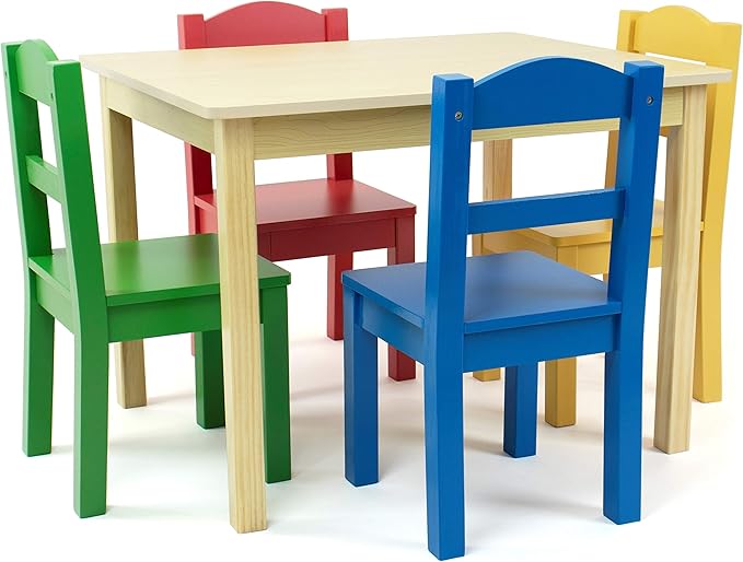 Humble Crew Kids Wooden Table and 4 Chairs Set, Natural/Primary - Kids Table and Chair Set for Toddlers and Children for A...