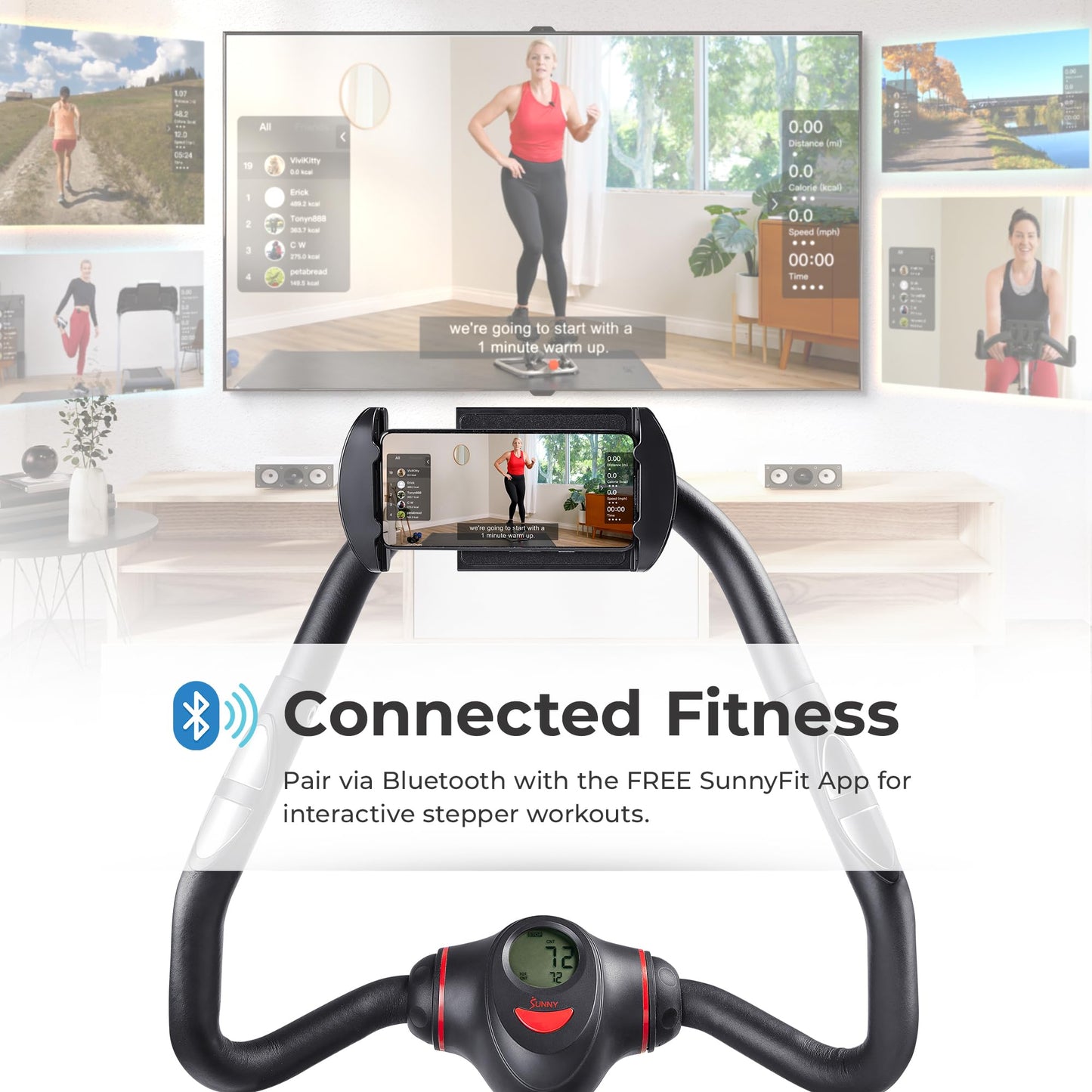 Sunny Health & Fitness 2-in-1 Power Stepper, 400 lb Weight Capacity, with Resistance Bands, Height-Adjustable, Low-Impact Cardio, Space-Saving Design, Bluetooth + SunnyFit App