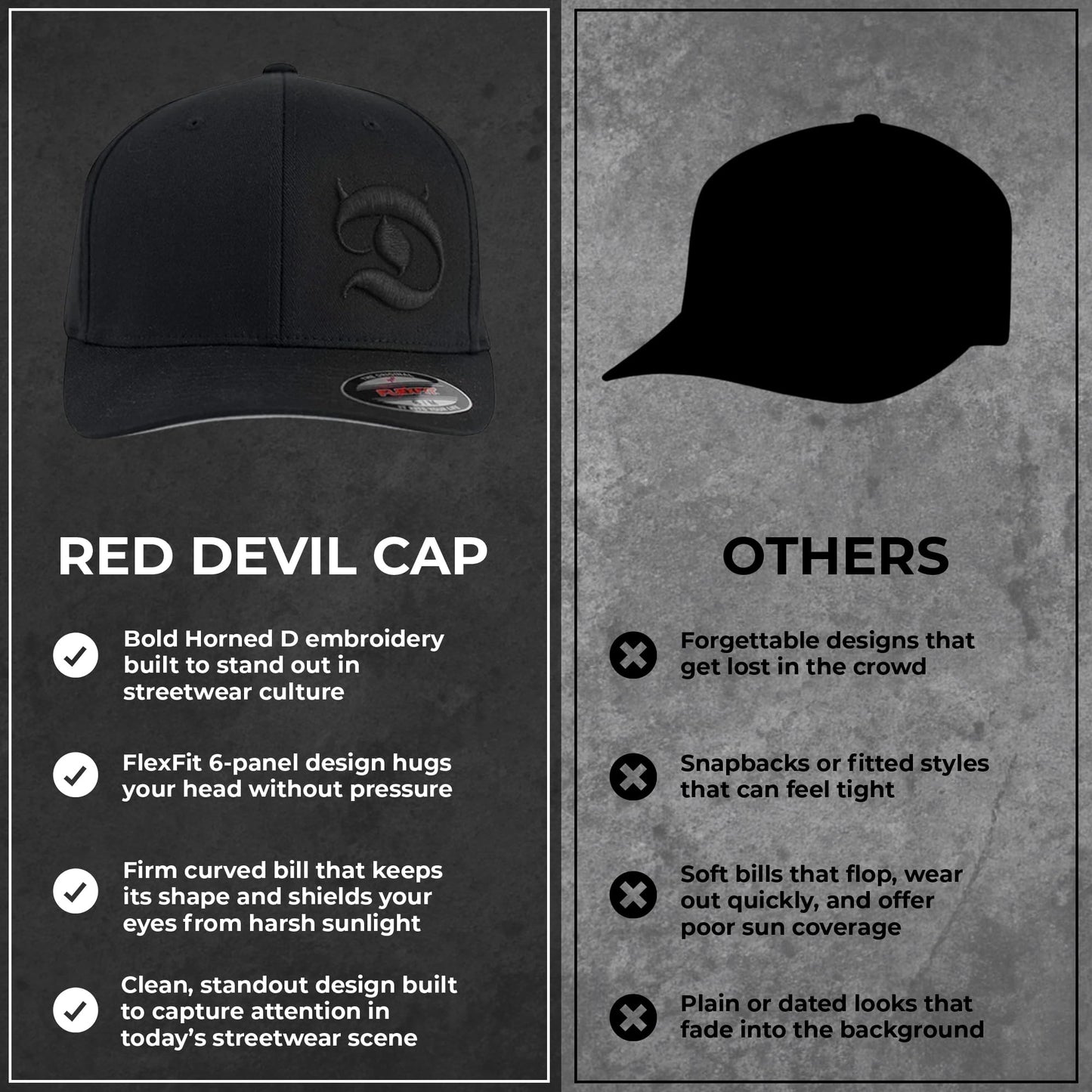 Horned D Flex Fit 6-Panel Men's Cap – Pull-On Baseball Hat with Curved Bill, Embroidery Design, True Fit Streetwear Style for Men, Cotton/Poly/Spandex Blend – (L/XL (7 1/8" - 7 5/8")), Black