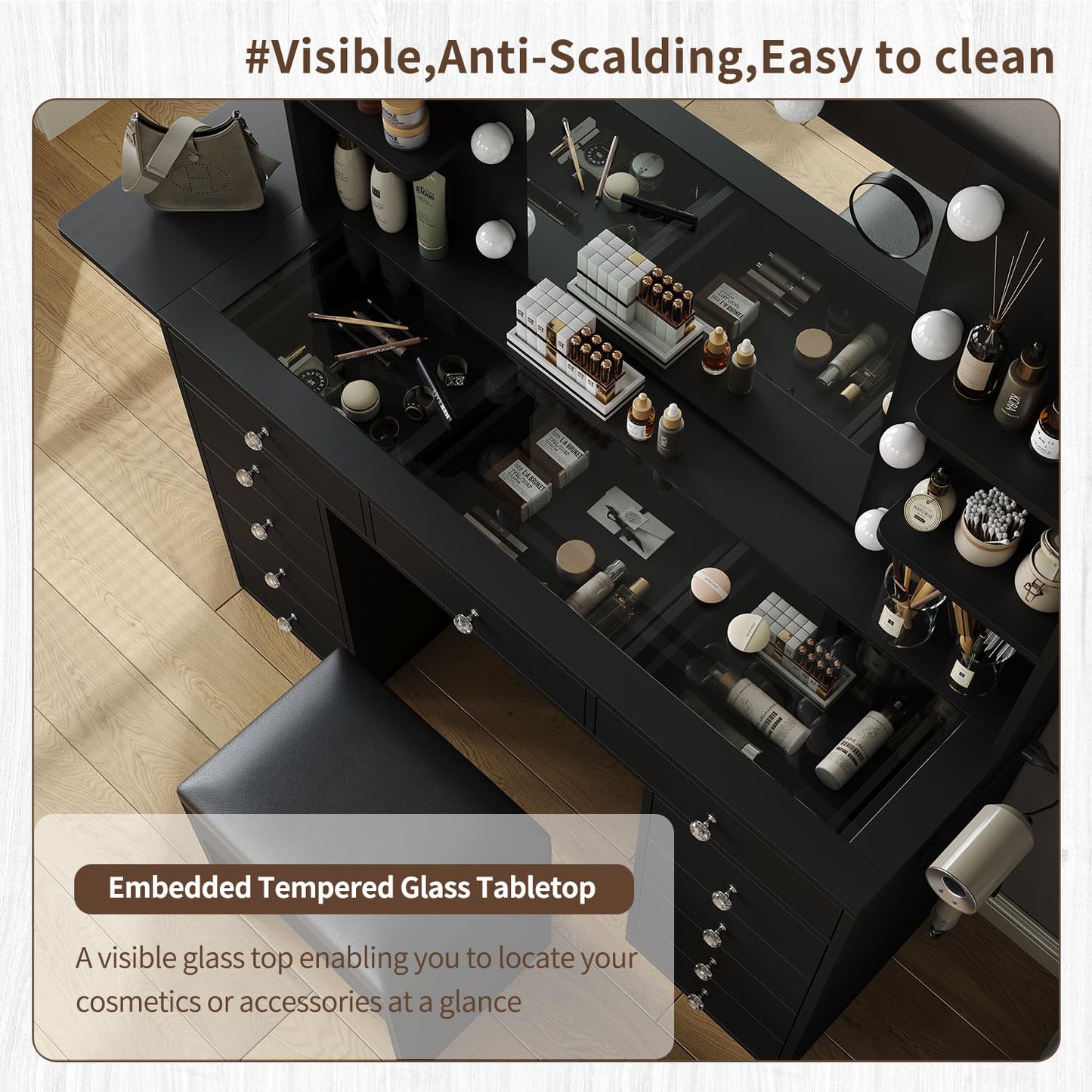 Vanity Desk with Power Outlet, 11 Drawers Makeup Vanity with Lighted Mirror, 3 Colors Adjustable, Glass Top with Chair, 4 Shelves and Fold-up Panel, Vanity Set for Bedroom, Dressing Room, Black