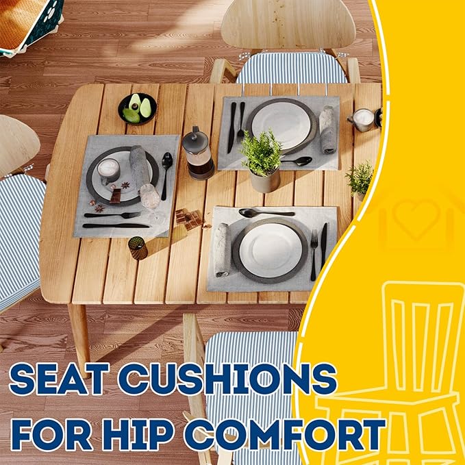 AAAAAcessories D-Shaped Chair Cushions, 2" Thick Dining Chair Pads with Ties and Removable, Machine-Washable Cover, 17" x 16", Set of 6, Pinstripe Blue